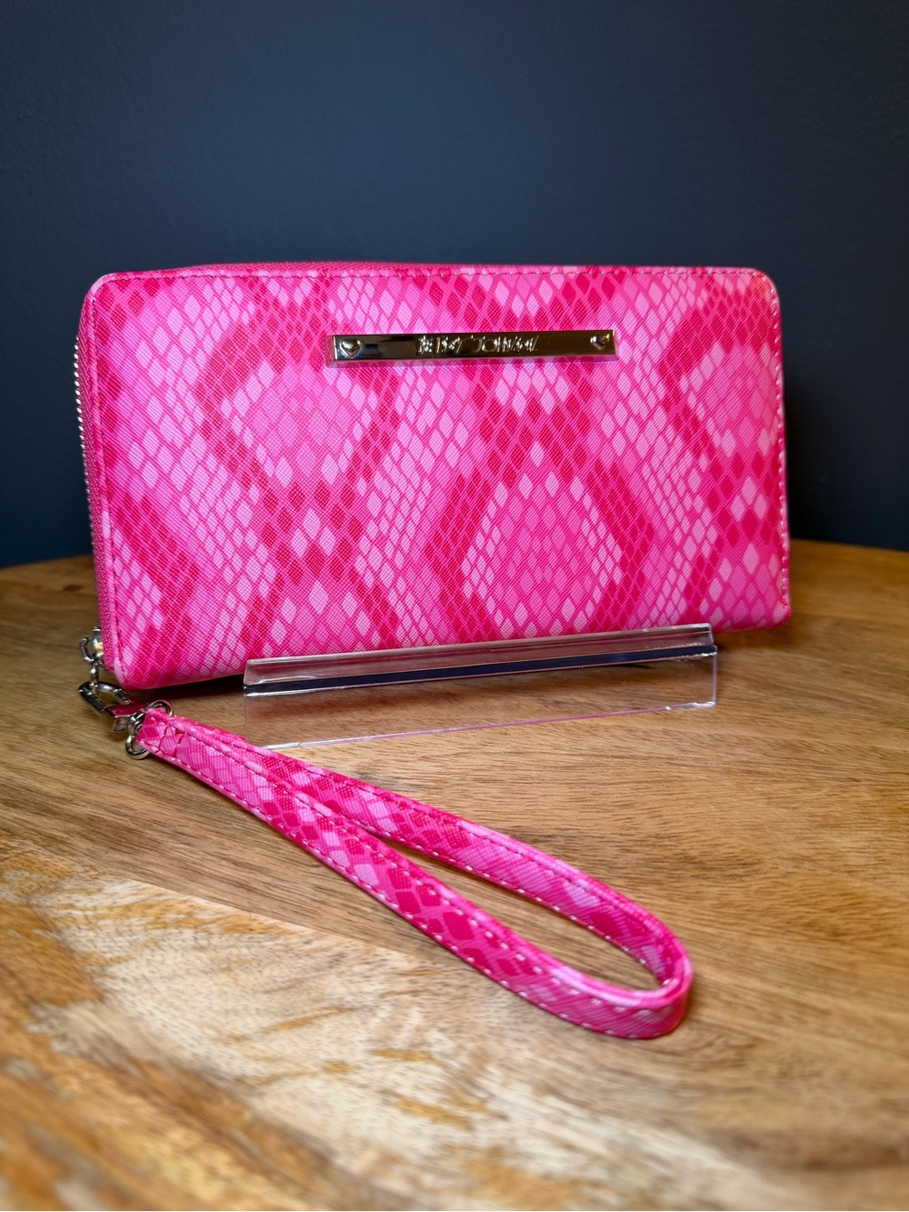 Betsey Johnson Bright Pink Snake-Print Wristlet Wallet